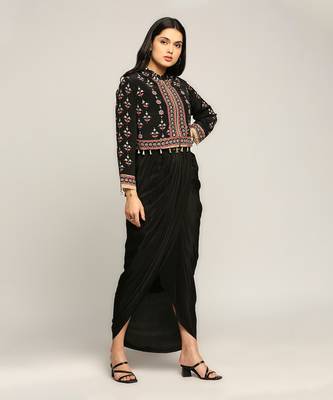 Black ethnic Folklore Printed Top With Drape Skirt 2