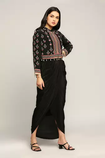 Black ethnic Folklore Printed Top With Drape Skirt