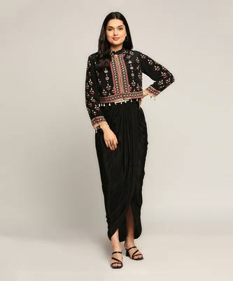 Black ethnic Folklore Printed Top With Drape Skirt 1