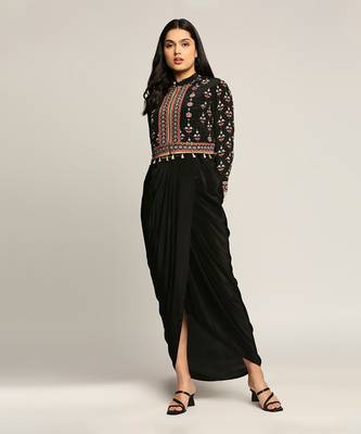 Black ethnic Folklore Printed Top With Drape Skirt 3