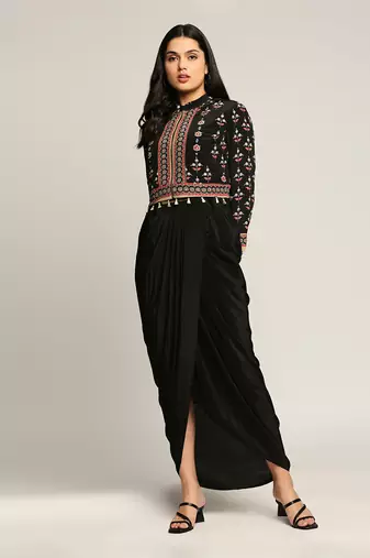 Black ethnic Folklore Printed Top With Drape Skirt