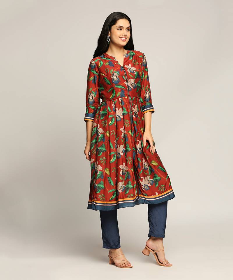 Red orchid Bloom Printed Flared Kurta With Pant