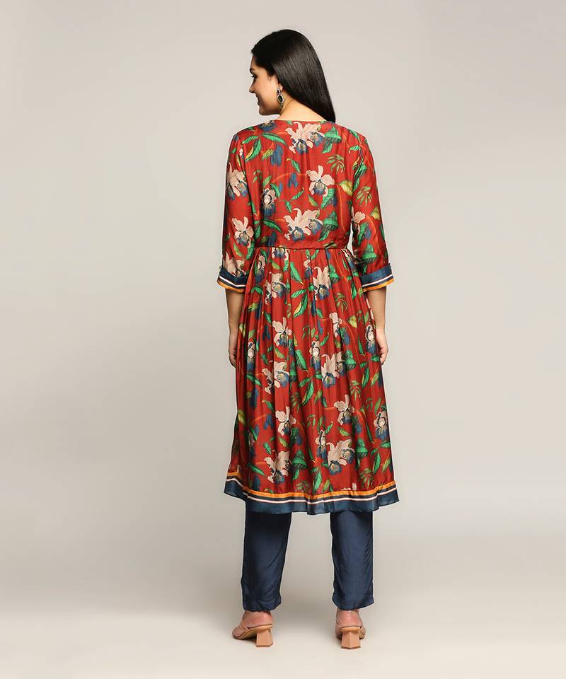 Red orchid Bloom Printed Flared Kurta With Pant