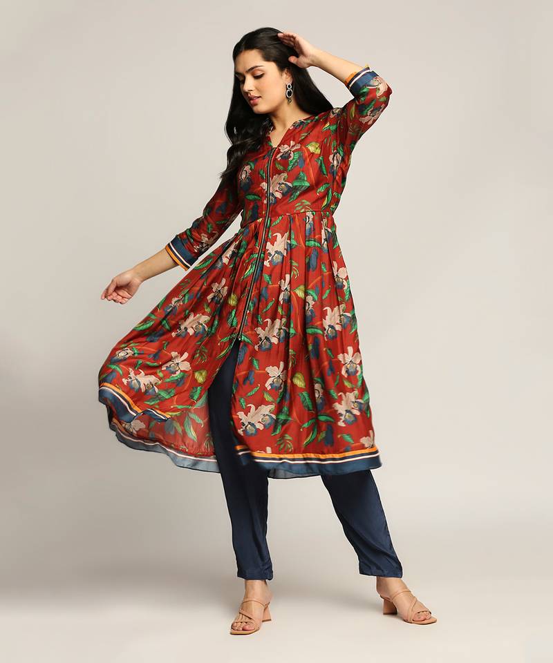 Red orchid Bloom Printed Flared Kurta With Pant