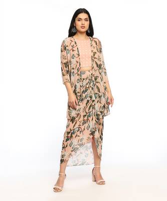 Peach orchid Bloom Printed Drape Skirt Set With Jacket 1