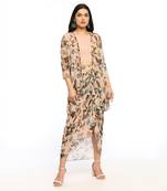 Peach orchid Bloom Printed Drape Skirt Set With Jacket