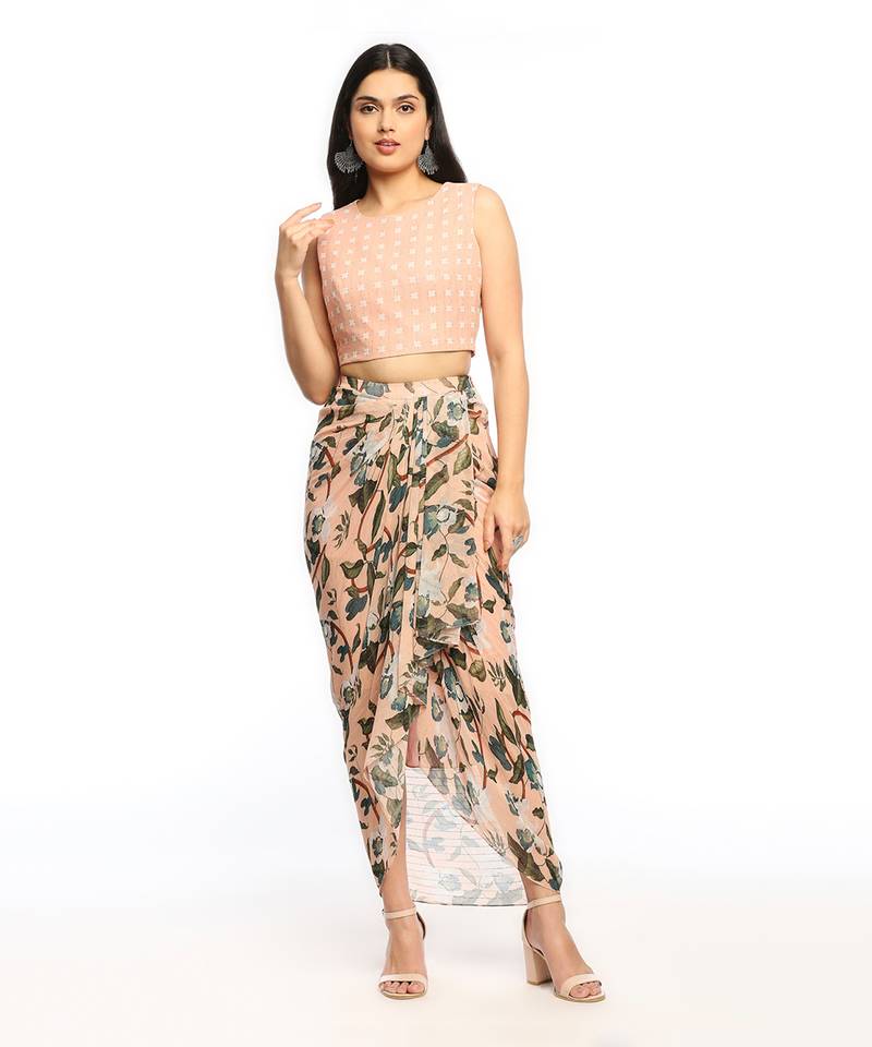Peach orchid Bloom Printed Drape Skirt Set With Jacket