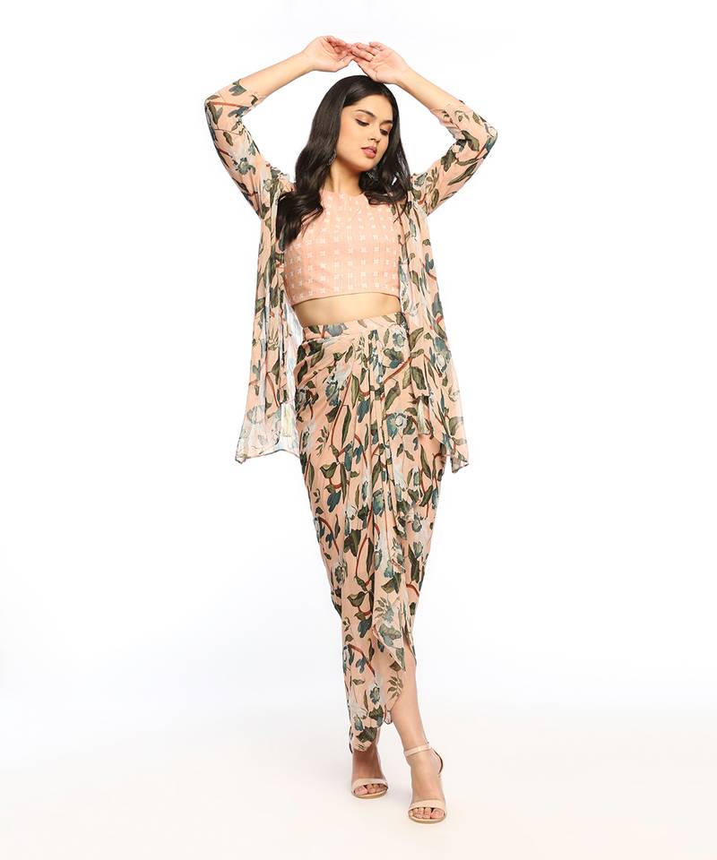 Peach orchid Bloom Printed Drape Skirt Set With Jacket