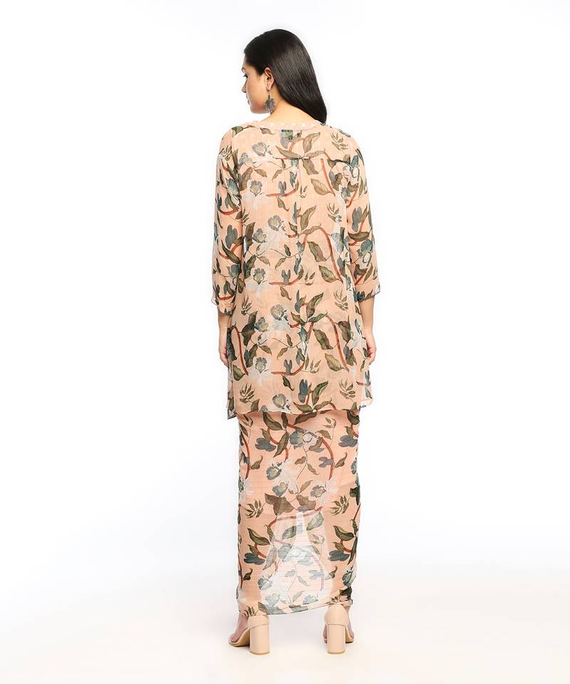Peach orchid Bloom Printed Drape Skirt Set With Jacket