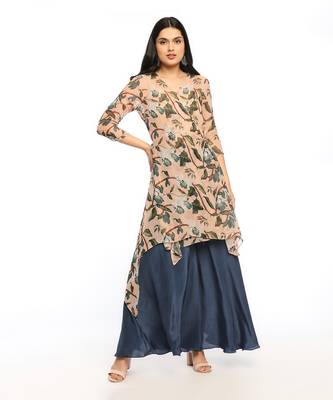 Peach And Blue orchid Bloom Printed Asymmetrical Kurta With Flared Pant 1
