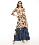 Peach And Blue orchid Bloom Printed Asymmetrical Kurta With Flared Pant