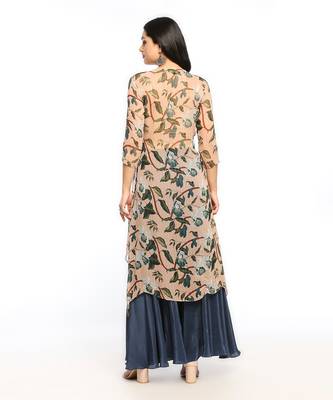 Peach And Blue orchid Bloom Printed Asymmetrical Kurta With Flared Pant 3