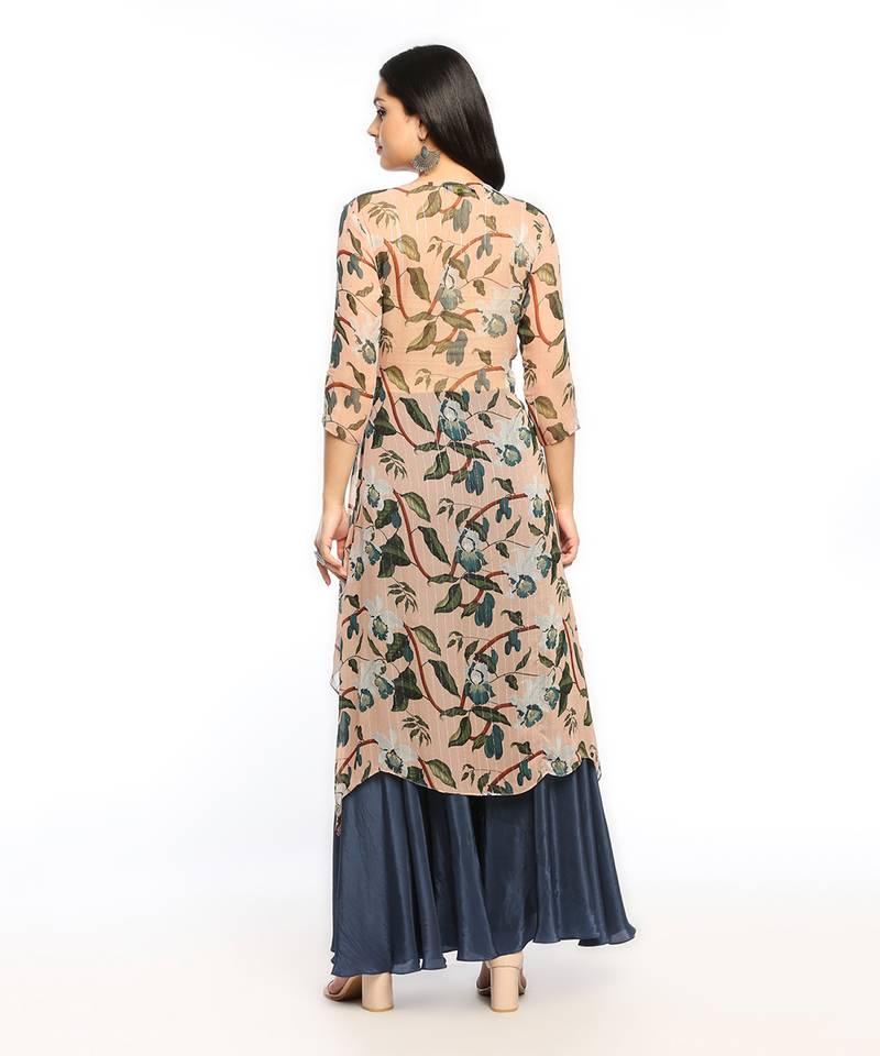 Peach And Blue orchid Bloom Printed Asymmetrical Kurta With Flared Pant
