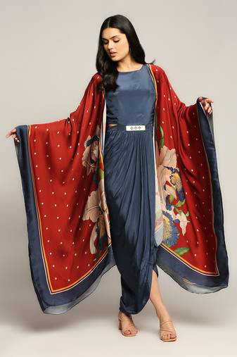 Blue And Red orchid Bloom Printed Drape Dress With Cape
