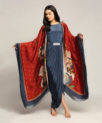 Blue And Red orchid Bloom Printed Drape Dress With Cape 1