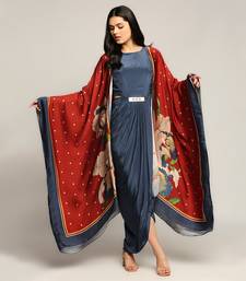 Blue And Red orchid Bloom Printed Drape Dress With Cape
