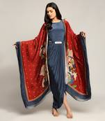 Blue And Red orchid Bloom Printed Drape Dress With Cape