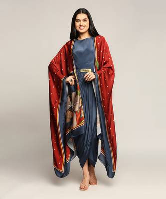 Blue And Red orchid Bloom Printed Drape Dress With Cape 3