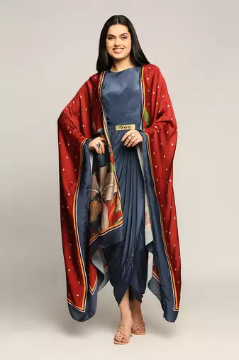 Blue And Red orchid Bloom Printed Drape Dress With Cape