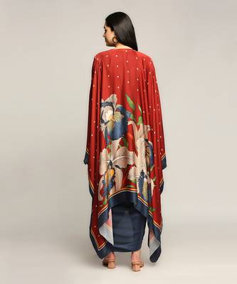 Blue And Red orchid Bloom Printed Drape Dress With Cape 4