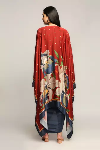 Blue And Red orchid Bloom Printed Drape Dress With Cape