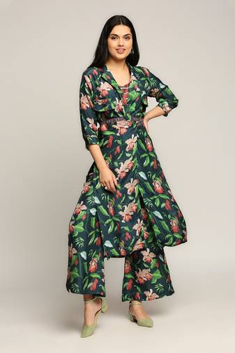 Green orchid Bloom Printed Co-Ord Set With Jacket