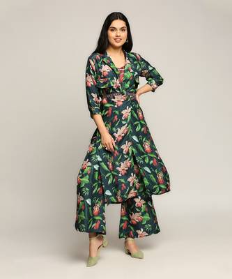 Green orchid Bloom Printed Co-Ord Set With Jacket 1