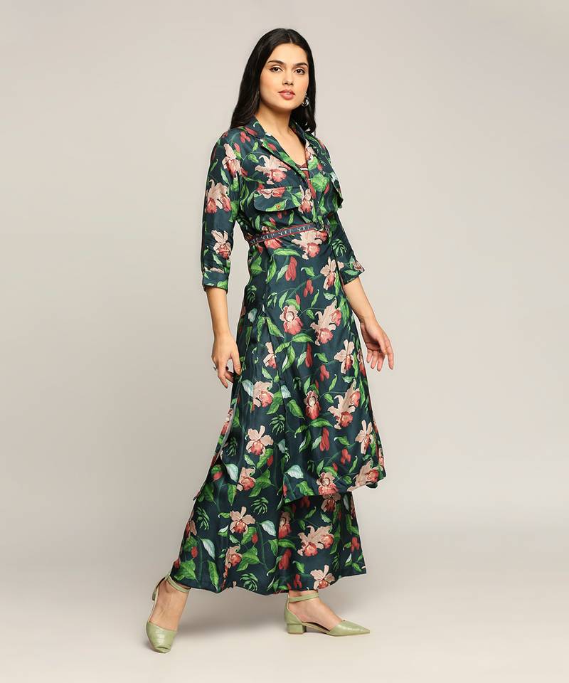 Green orchid Bloom Printed Co-Ord Set With Jacket
