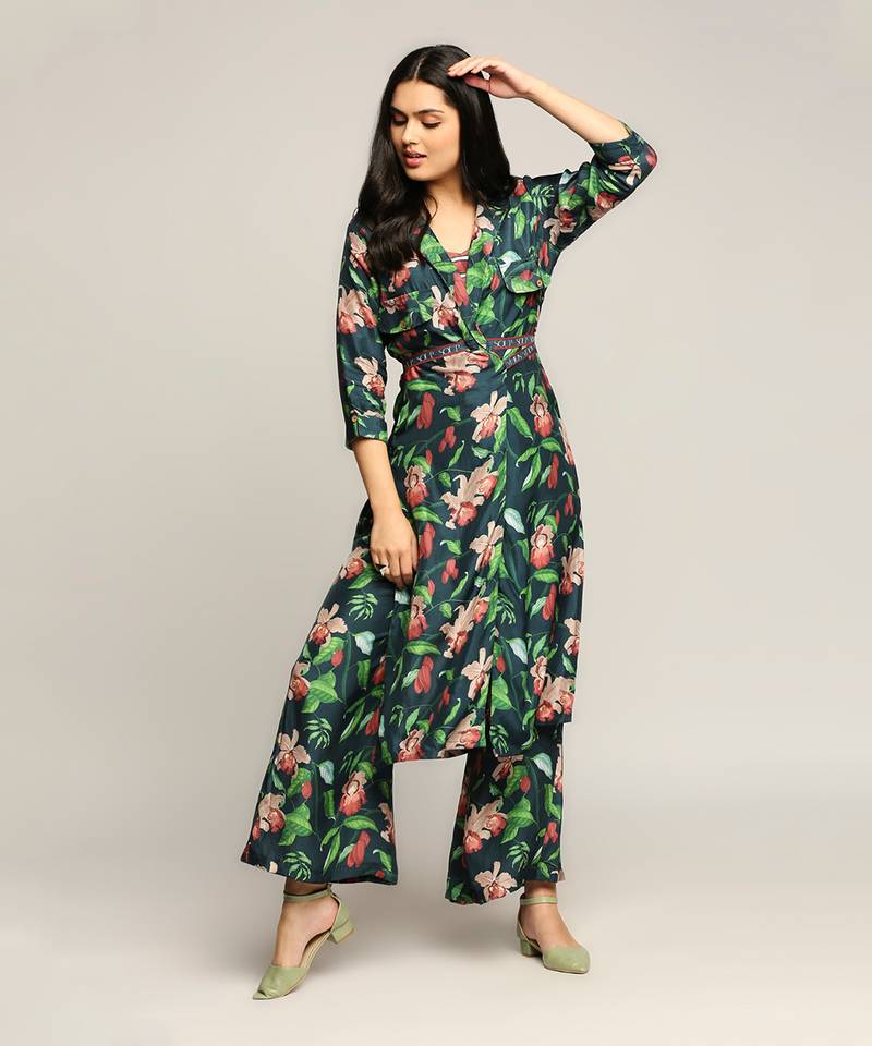 Green orchid Bloom Printed Co-Ord Set With Jacket