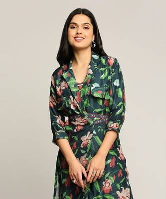 Green orchid Bloom Printed Co-Ord Set With Jacket 4