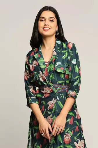 Green orchid Bloom Printed Co-Ord Set With Jacket