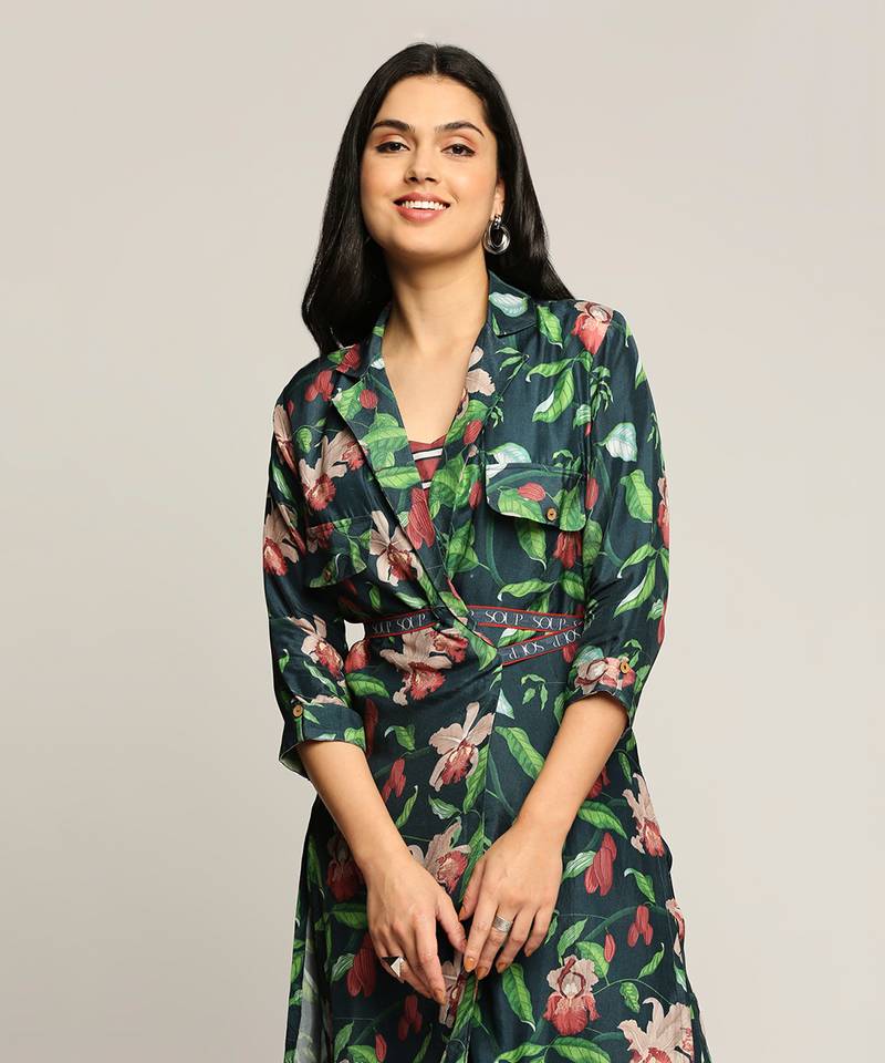 Green orchid Bloom Printed Co-Ord Set With Jacket