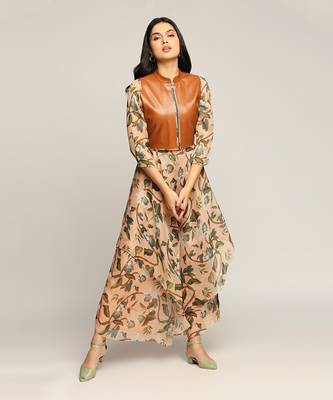 Peach orchid Bloom Printed Jumpsuit With Leather Jacket 1