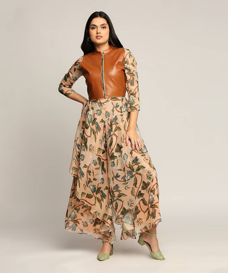 Peach orchid Bloom Printed Jumpsuit With Leather Jacket