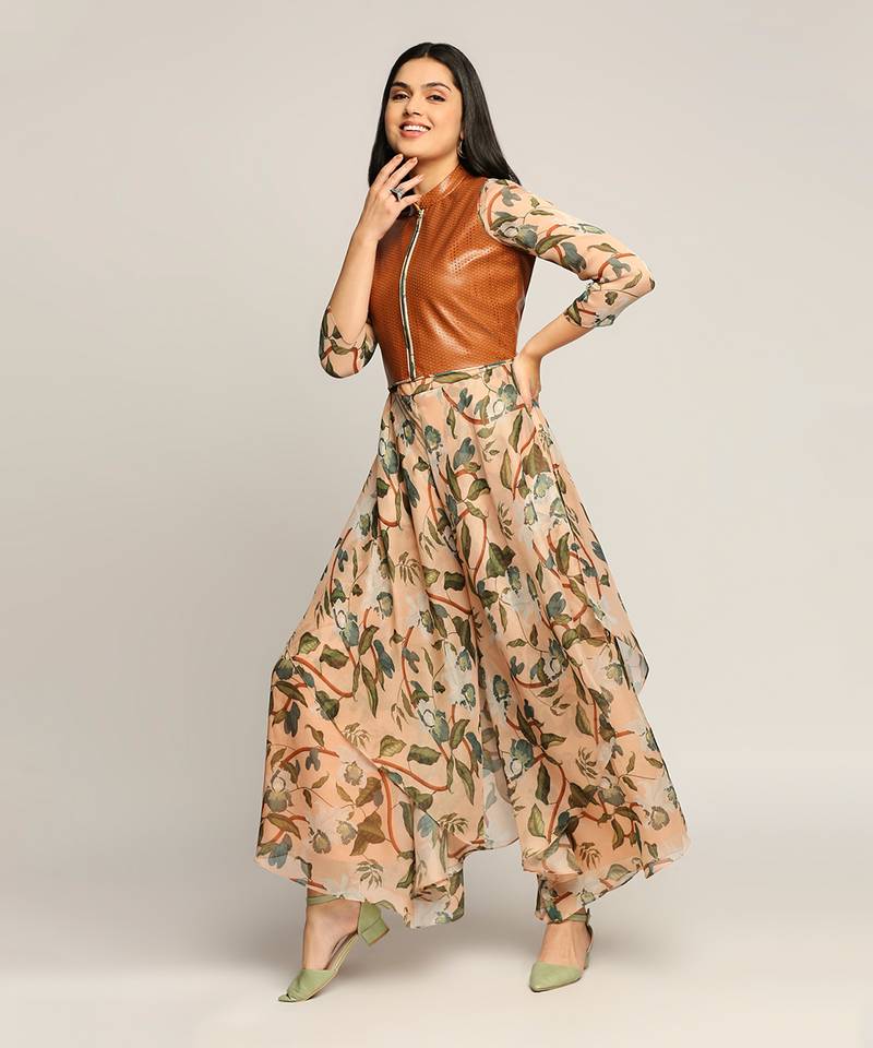 Peach orchid Bloom Printed Jumpsuit With Leather Jacket
