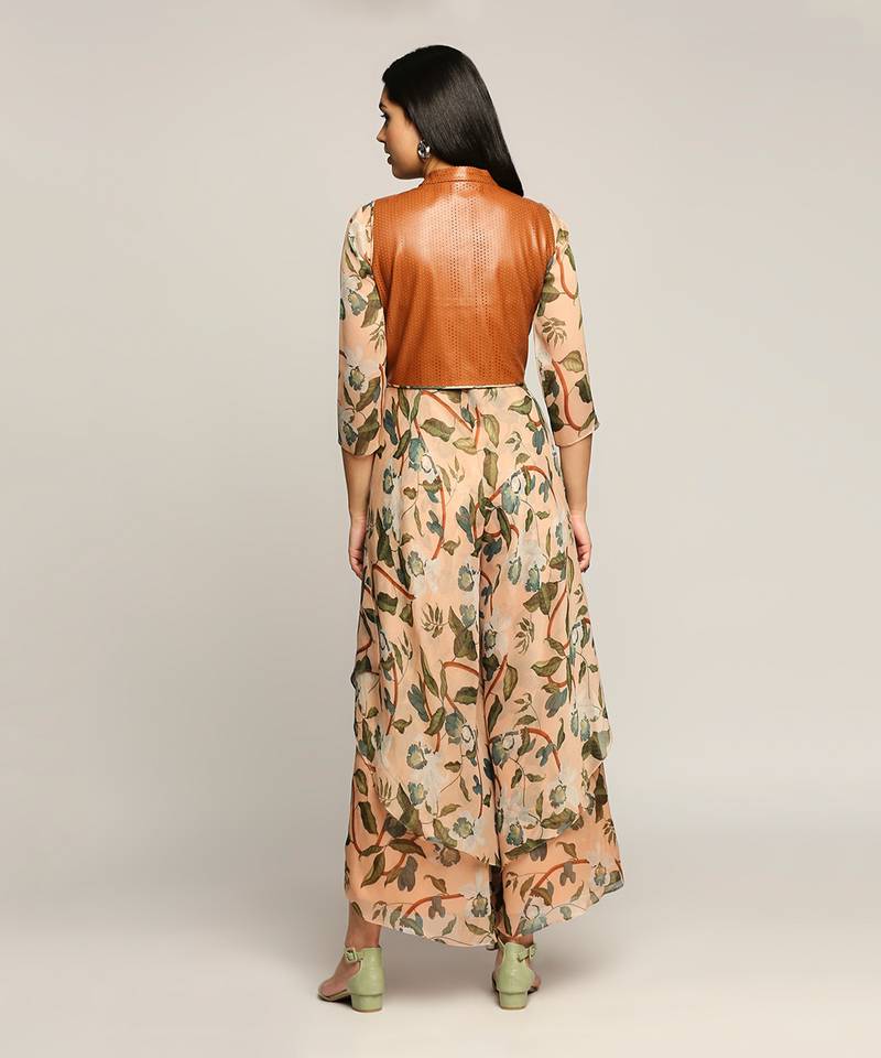 Peach orchid Bloom Printed Jumpsuit With Leather Jacket
