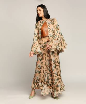 Peach orchid Bloom Printed Ruffle Pant Set With Cape 1
