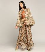 Peach orchid Bloom Printed Ruffle Pant Set With Cape