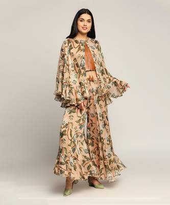 Peach orchid Bloom Printed Ruffle Pant Set With Cape 2