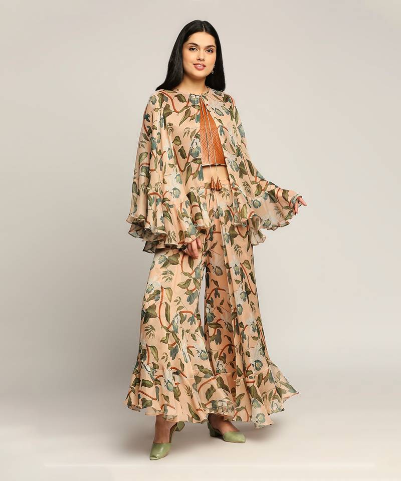 Peach orchid Bloom Printed Ruffle Pant Set With Cape