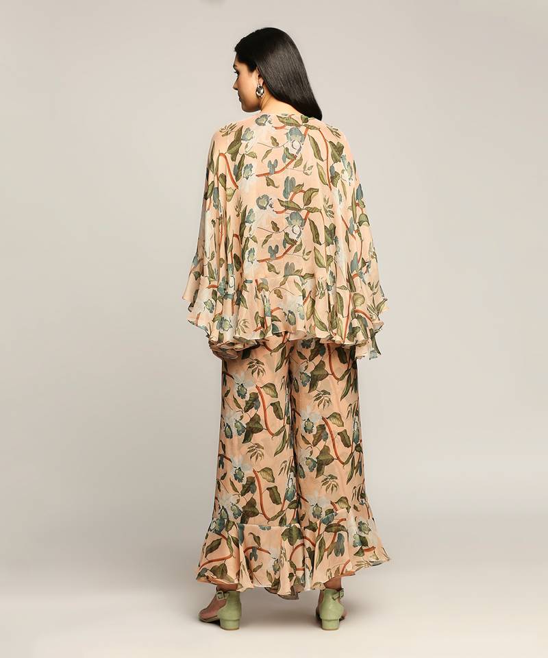 Peach orchid Bloom Printed Ruffle Pant Set With Cape