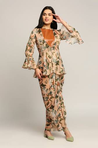Peach orchid Bloom Printed Drape Skirt Set With Jacket