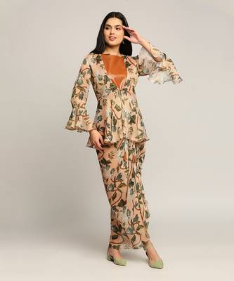 Peach orchid Bloom Printed Drape Skirt Set With Jacket 1