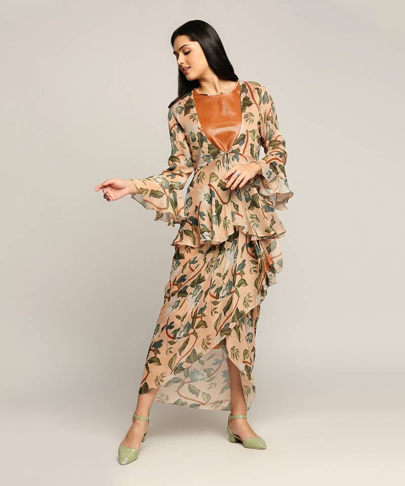 Peach orchid Bloom Printed Drape Skirt Set With Jacket