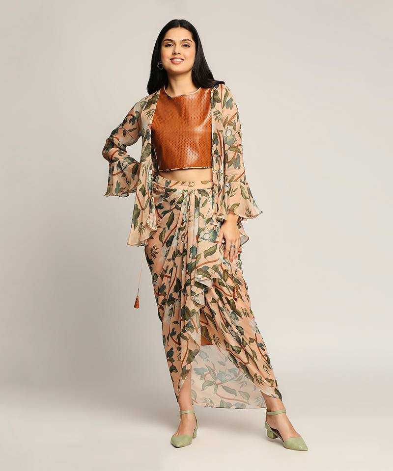 Peach orchid Bloom Printed Drape Skirt Set With Jacket