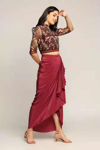 Wine night Shade Printed Top With Drape Skirt