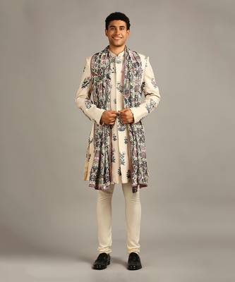 Beige Pastel Floral Printed Sherwani Set 1