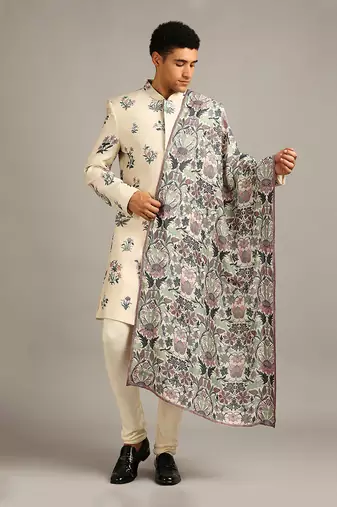 Beige Pastel Floral Printed Sherwani Set