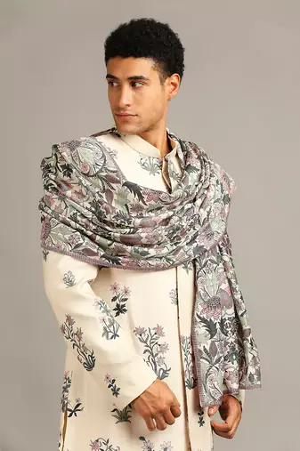 Beige Pastel Floral Printed Sherwani Set