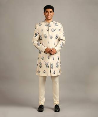 Beige Pastel Floral Printed Sherwani Set 4